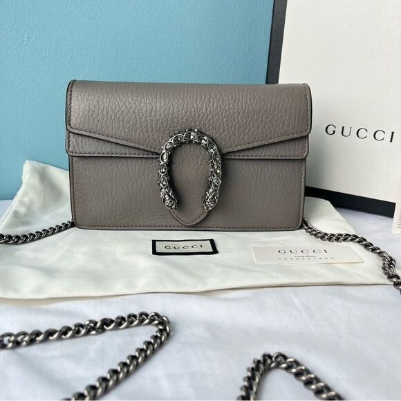 GUCCI Grey Leather Flap Dionysus Mini Chain SoHo Disco Dollar Crossbody + Box - Picture 1 of 14
